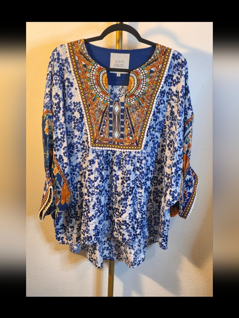 John Mark Blue Floral Embroidered Peasant Top
